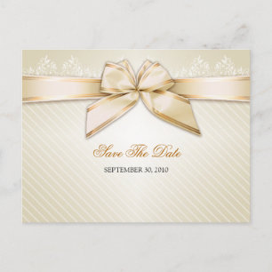 Ivory Ribbon Gold Stripes Wedding Save the Date V2 Announcement Postcard