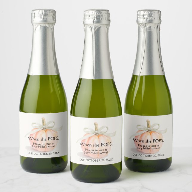 Ivory Ribbon Pumpkin Baby Shower Mini Sparkling Wine Label (Bottles)