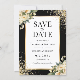 Ivory Rose Black Gold Confetti Floral Wedding Save The Date