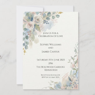 Ivory Rose & Dusty Blue Floral Invitation