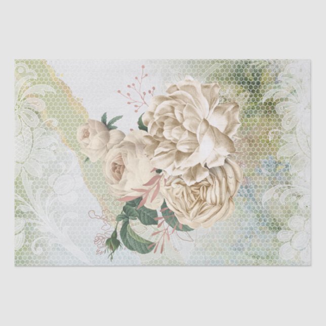 Ivory-Rose-Gold Floral Lace Bouquet Decoupage Tissue Paper (Front)