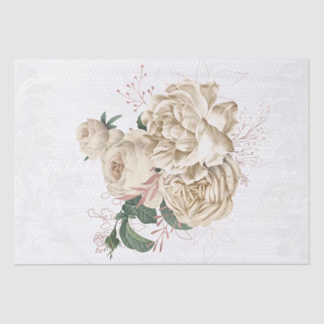 Ivory-Rose-Gold Floral Lace Bouquet Decoupage Tissue Paper (Front)