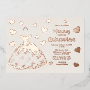  Ivory Rose Gold Hearts Quinceañera Invitation
