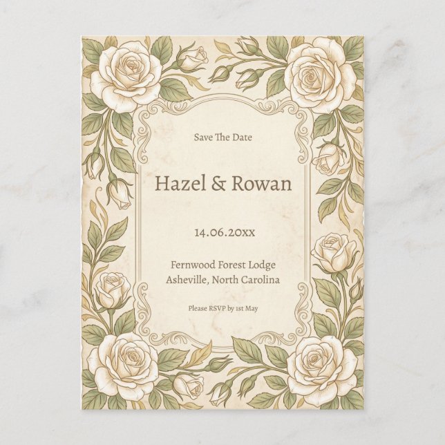 Ivory Rose Greenery Save the Date Announcement Postcard (Front)