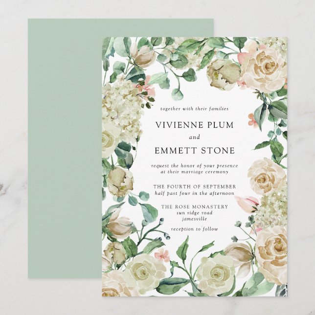 Ivory Rose Hydrangea Floral Wedding Invitation (Front/Back)