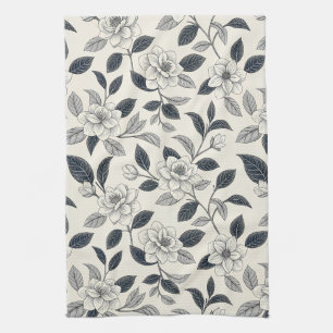 Ivory Rose Midnight Navy Marble Botanical Tea Towel
