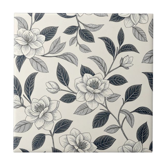 Ivory Rose Midnight Navy Marble Botanical Tile (Front)