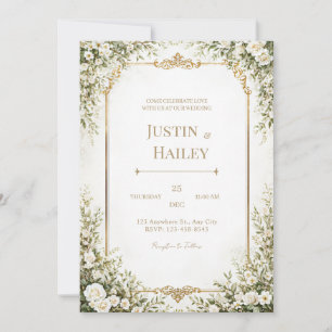 Ivory Rose Ornate Gold Border Wedding Invitation