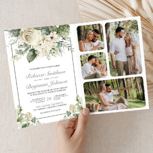 Ivory Rose Sage Green Floral Photo QR Code Wedding Invitation