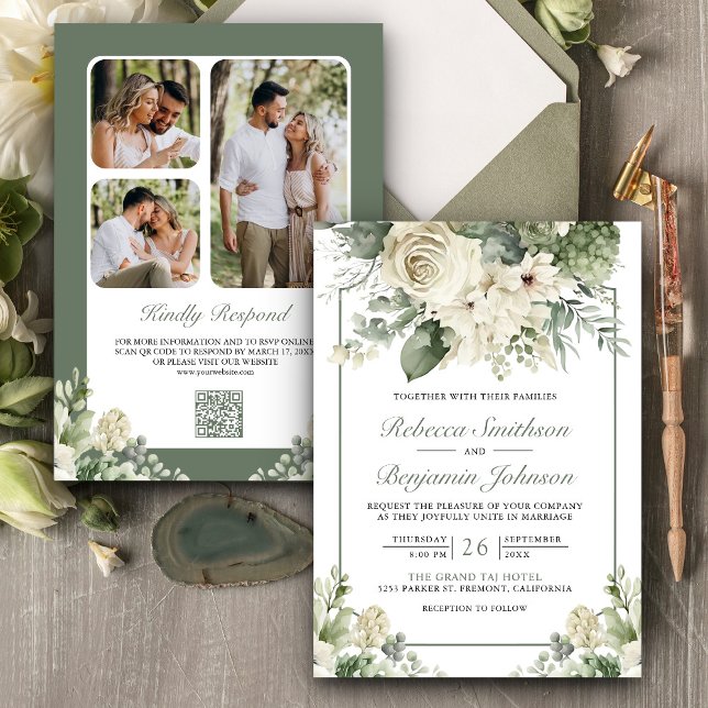 Ivory Rose Sage Green Floral Photo QR Code Wedding Invitation (Creator Uploaded)