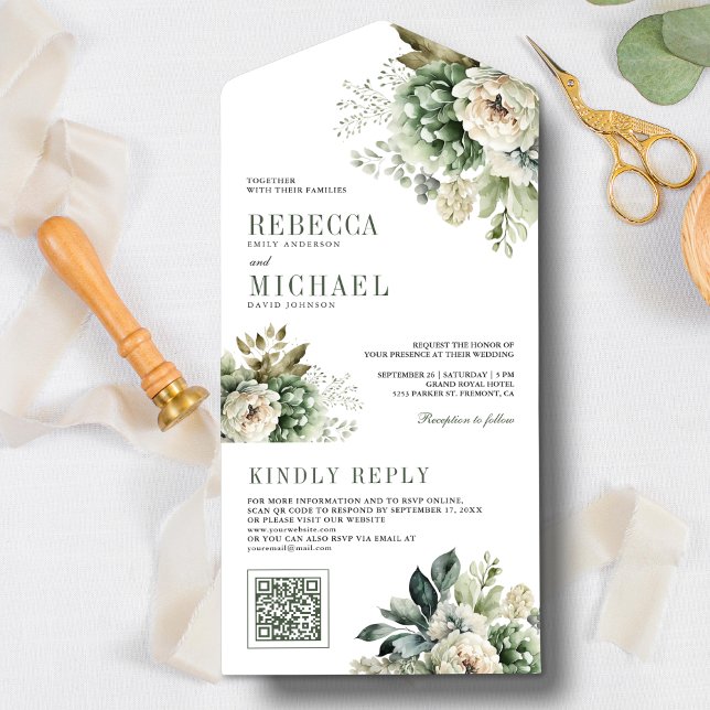 Ivory Rose Sage Green Floral QR Code Wedding All In One Invitation (Creator Uploaded)