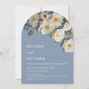 Ivory Roses 3D Flowers Dusty Blue Arch Wedding Inv Invitation