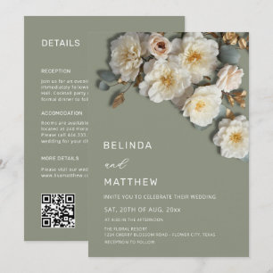Ivory Roses 3D Flowers Sage Green All-In-One Invitation