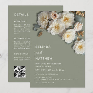 Ivory Roses 3D Flowers Sage Green All-In-One Invitation