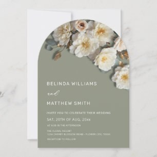 Ivory Roses 3D Flowers Sage Green Arch Wedding Invitation