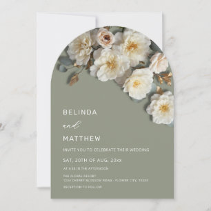 Ivory Roses 3D Flowers Sage Green Arch Wedding Invitation