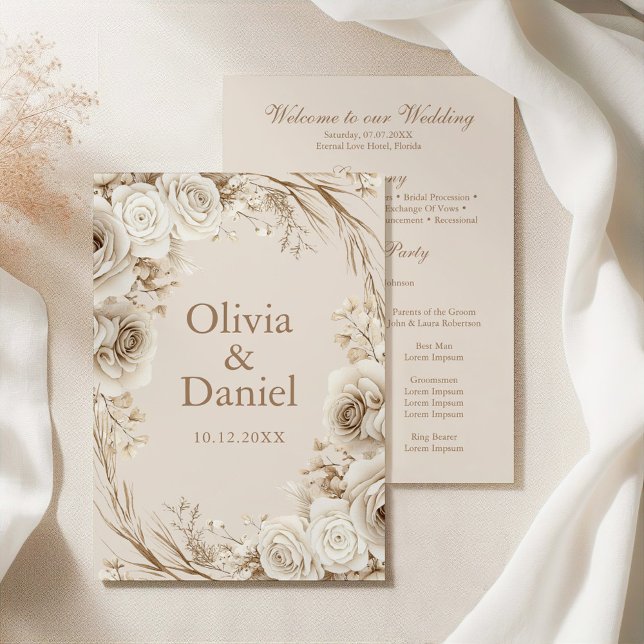 Ivory Roses Beige Wedding Ceremony Program Programme (Boho Beige Dried Flower and White Roses Wedding Program on an elegant silky tablecloth)