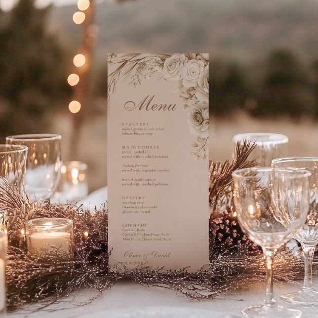 Ivory Roses Beige Wedding Menu Card (Boho Beige Dried Flower and White Roses Wedding Menu on a wedding table with glasses and candles)