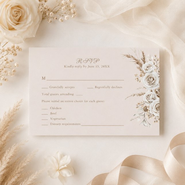 Ivory Roses Beige Wedding RSVP Card (Ivory Roses Beige Wedding RSVP Card with beige wedding decor and flowers)