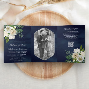 Ivory Roses Botanical Photo QR Code Navy Wedding Tri-Fold Invitation