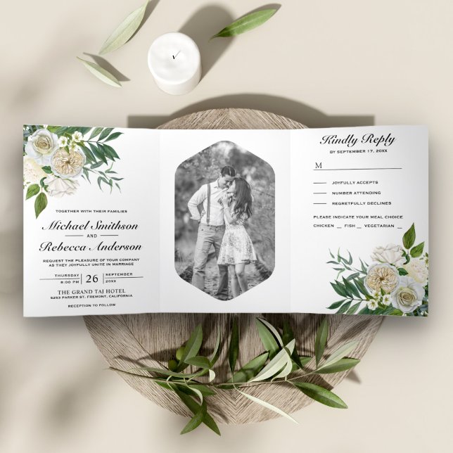 Ivory Roses Botanical Photo White Floral Wedding Tri-Fold Invitation (Creator Uploaded)