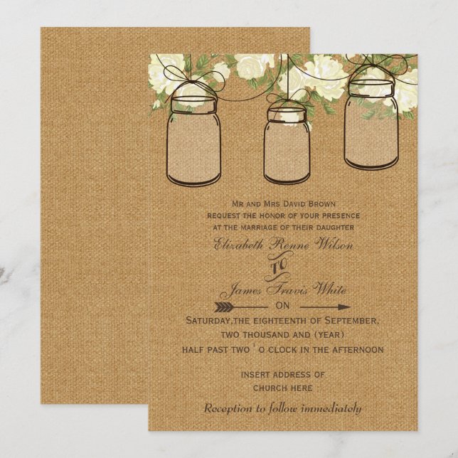 ivory roses burlap mason jar wedding invites (Front/Back)