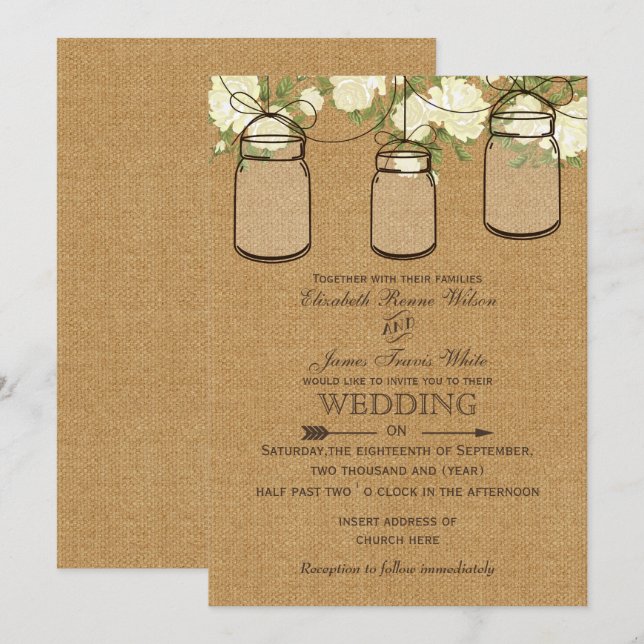 ivory roses burlap  mason jar wedding invites (Front/Back)