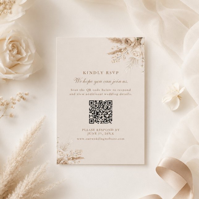 Ivory Roses Champagne Beige QR Code Wedding RSVP  Card (Ivory Roses Champagne Beige QR Code Wedding RSVP Card)