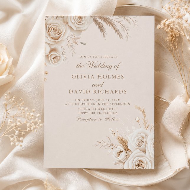 Ivory Roses & Dried Flowers Wedding Invitation (Ivory Roses & Dried Flowers Wedding Invitation with ivory flowers)