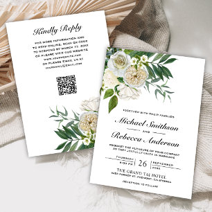 Ivory Roses Floral Botanical QR Code Wedding Invitation