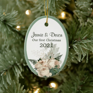 Ivory Roses Newly Weds First Christmas Ceramic Tree Decoration