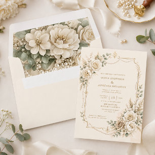 Ivory Roses, Pearls, Botanicals Boho Wedding Envelope