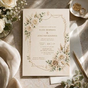 Ivory Roses Peonies Pearls Pampas Grass Wedding Invitation