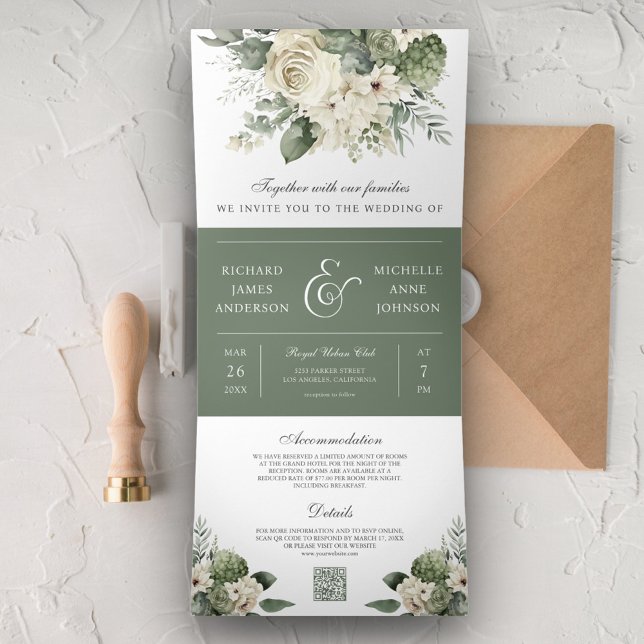 Ivory Roses Sage Green Floral QR Code Wedding Tri-Fold Invitation (Creator Uploaded)