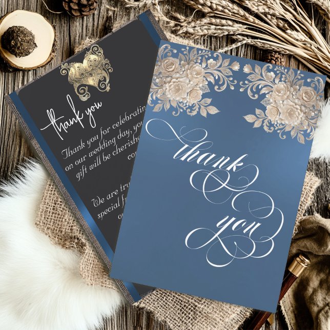 Ivory Roses Thank You Card - Blue (Creator Uploaded)