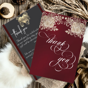 Ivory Roses Thank You Card - Burgundy