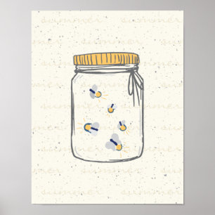 Ivory Rough Sketch Fireflies in Mason Jar Poster