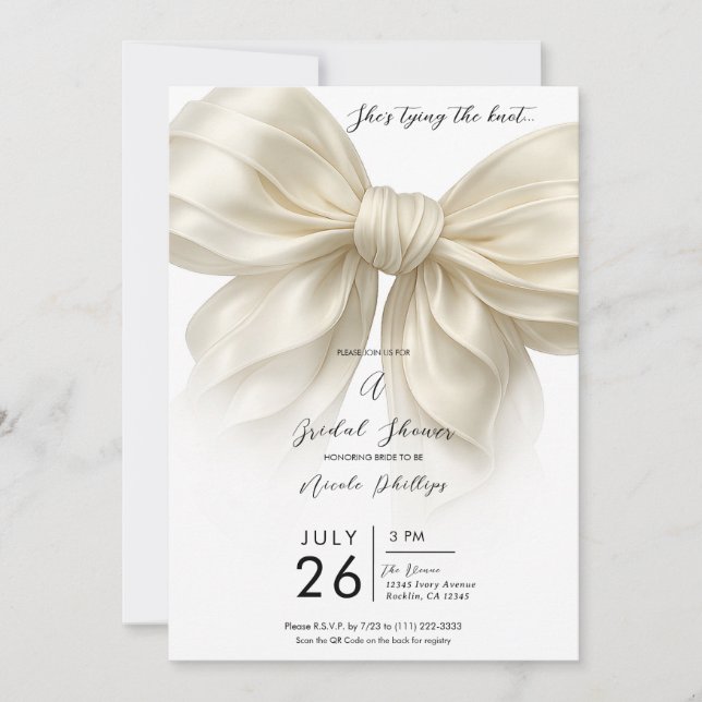 Ivory Ruffle Bow Tying The Knot Bridal Shower  Invitation (Front)