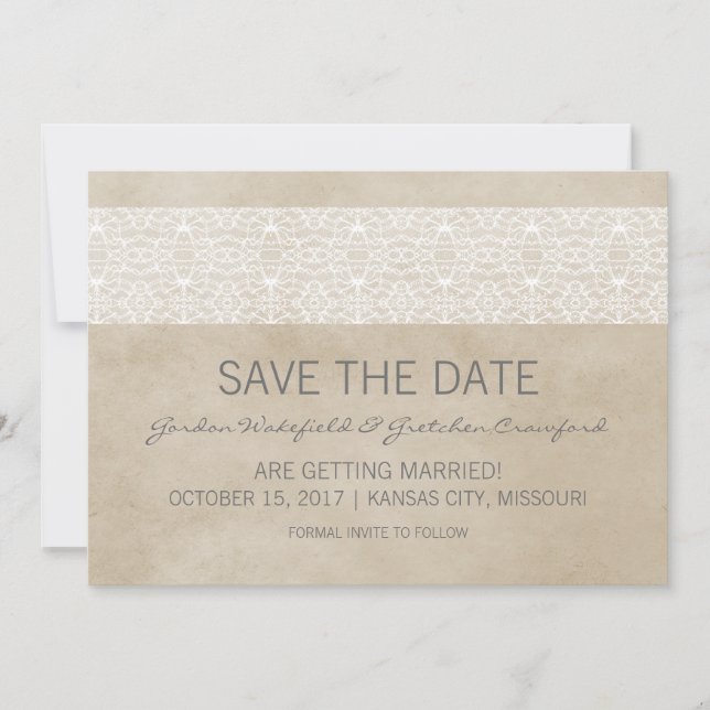 Ivory Rustic Lace Save the Date Invite (Front)