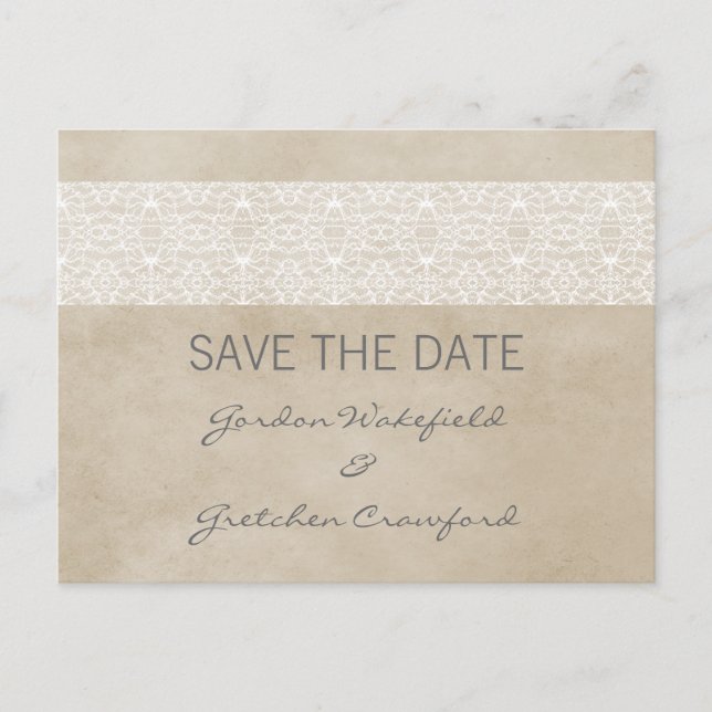 Ivory Rustic Lace Save the Date Postcard (Front)