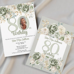 Ivory Sage green Floral border 80th birthday Photo Invitation