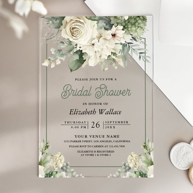 Ivory Sage Green Floral Bridal Shower Acrylic Invitations (Creator Uploaded)