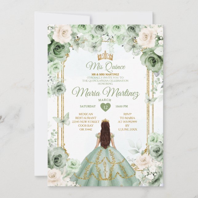 Ivory & Sage Green Floral Mis Quince Birthday Invitation (Front)