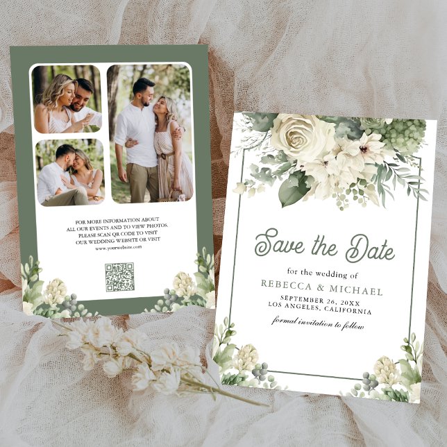 Ivory Sage Green Floral QR Code Photo Wedding Save The Date (Creator Uploaded)