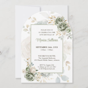 Ivory Sage Green Roses Floral 70th birthday Invitation