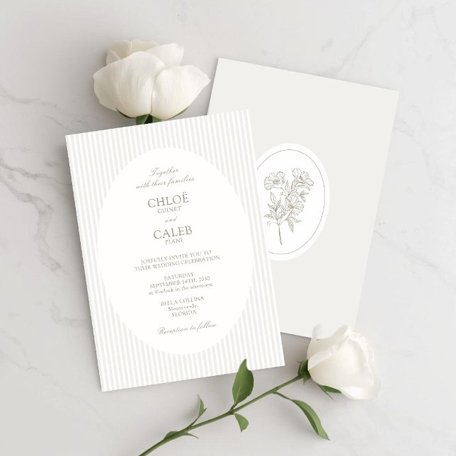 Ivory & Sand | Stripe Botanical Oval Wedding Invitation (Creator Uploaded)
