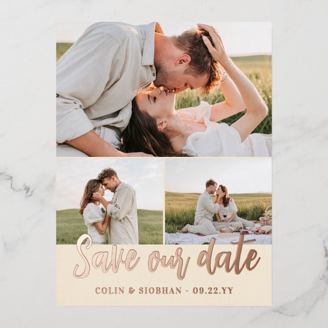 Ivory Script 3 Photos Wedding Save Our Date Foil Invitation Postcard (Front)
