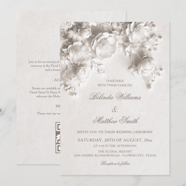 Ivory Sculptured 3D Roses All-In-One Wedding  Invitation (Front/Back)