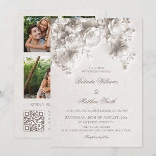 Ivory Sculptured Flowers 3D Roses Wedding Invitation