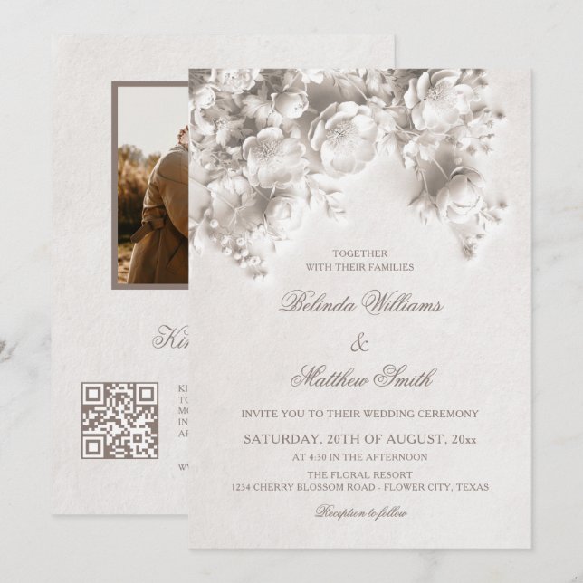 Ivory Sculptured Flowers 3D Roses Wedding Invitation (Front/Back)